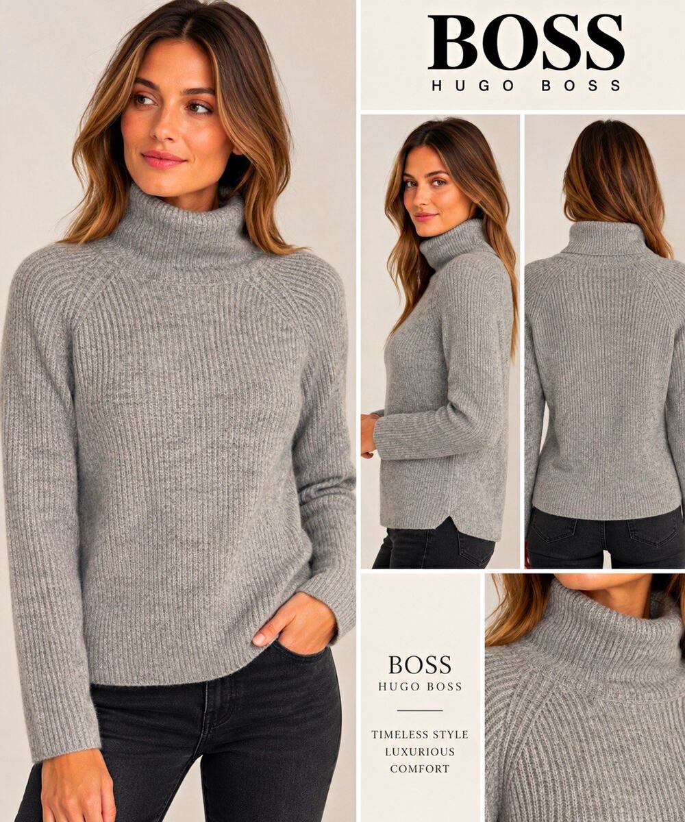 BOSS HUGO BOSS 100% women’s Cashmere Gray Ribbed Turtleneck Sweater M luxury